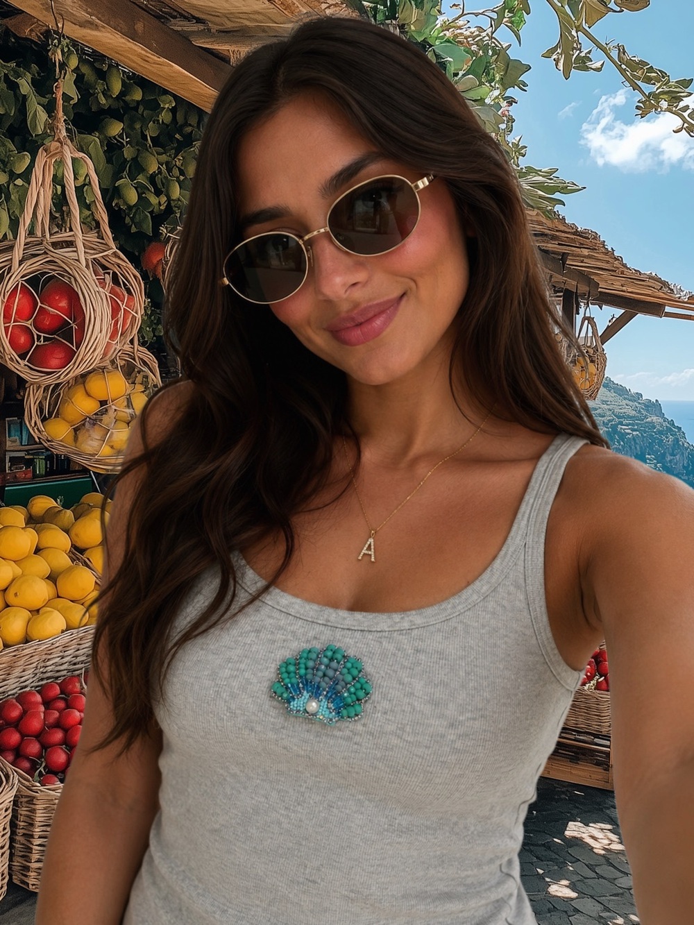 Gray Arie Tank Top with Teal Beaded Shell Accent (CUSTOMIZED)